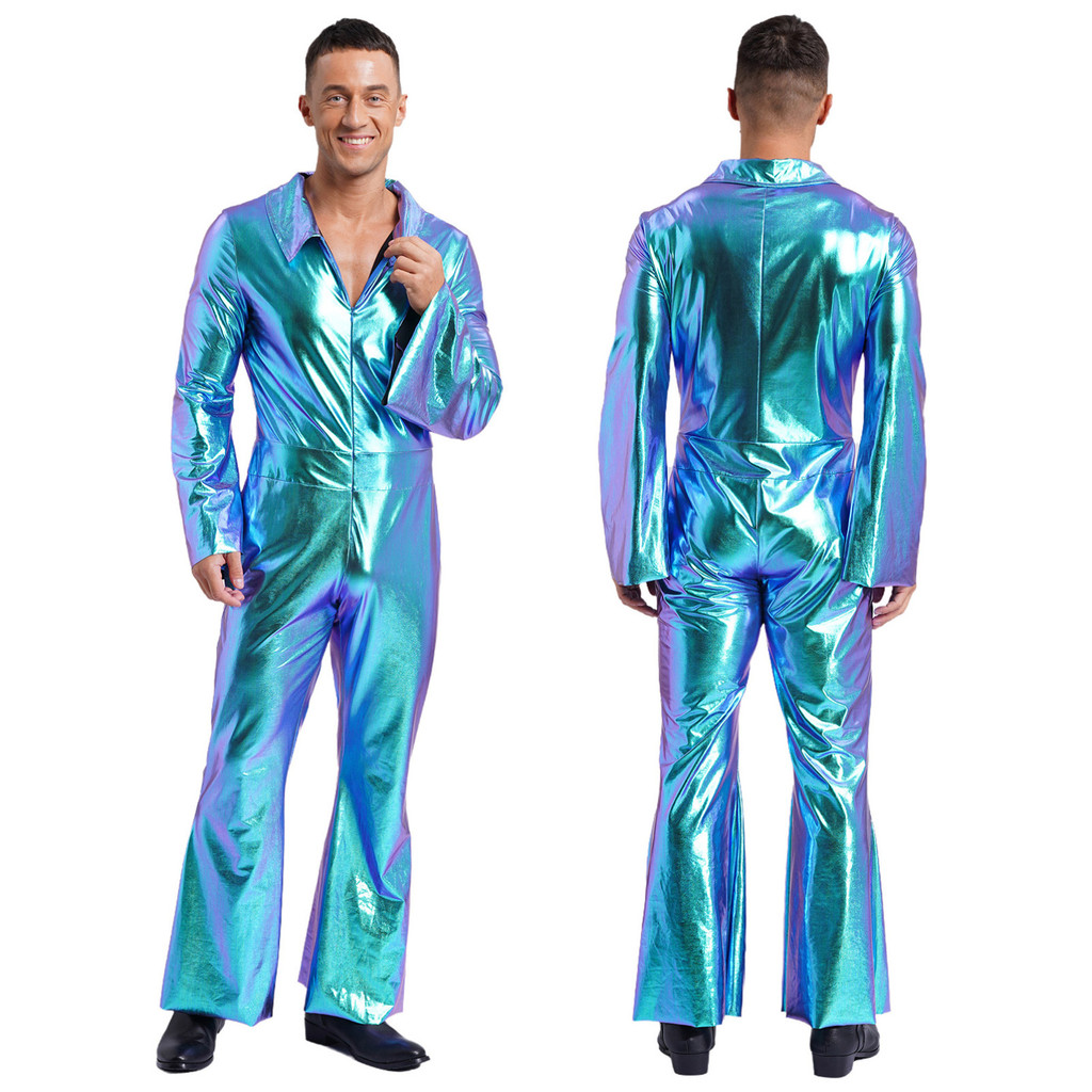 inhzoy Disco Outfit 70s Prom Sparkle Flare Jumpsuit Party Costume Halloween Cosplay for Adult Men