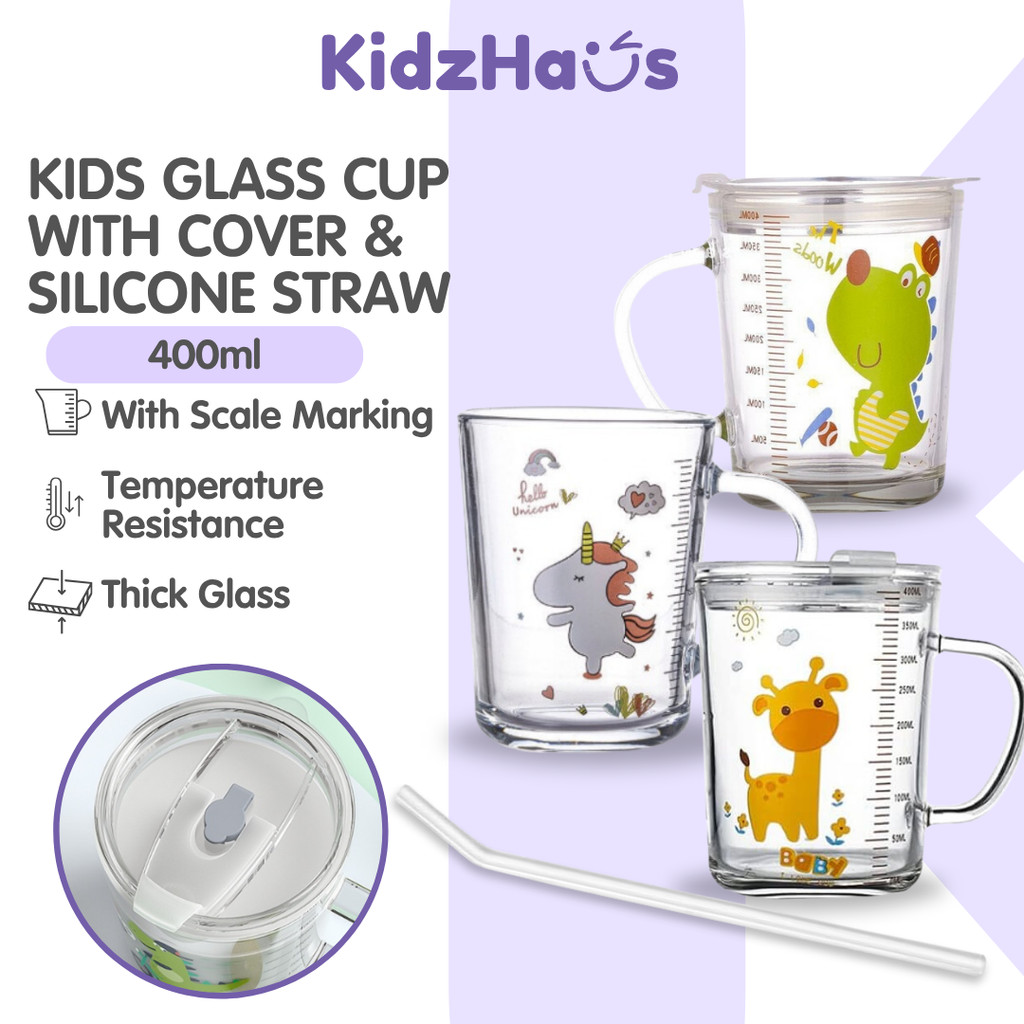 400ml Cute Cartoon Glass Straw Cup | Children's Milk Cup | Training Glass Mug Baby Dinosaur Unicorn Heat-Resistant