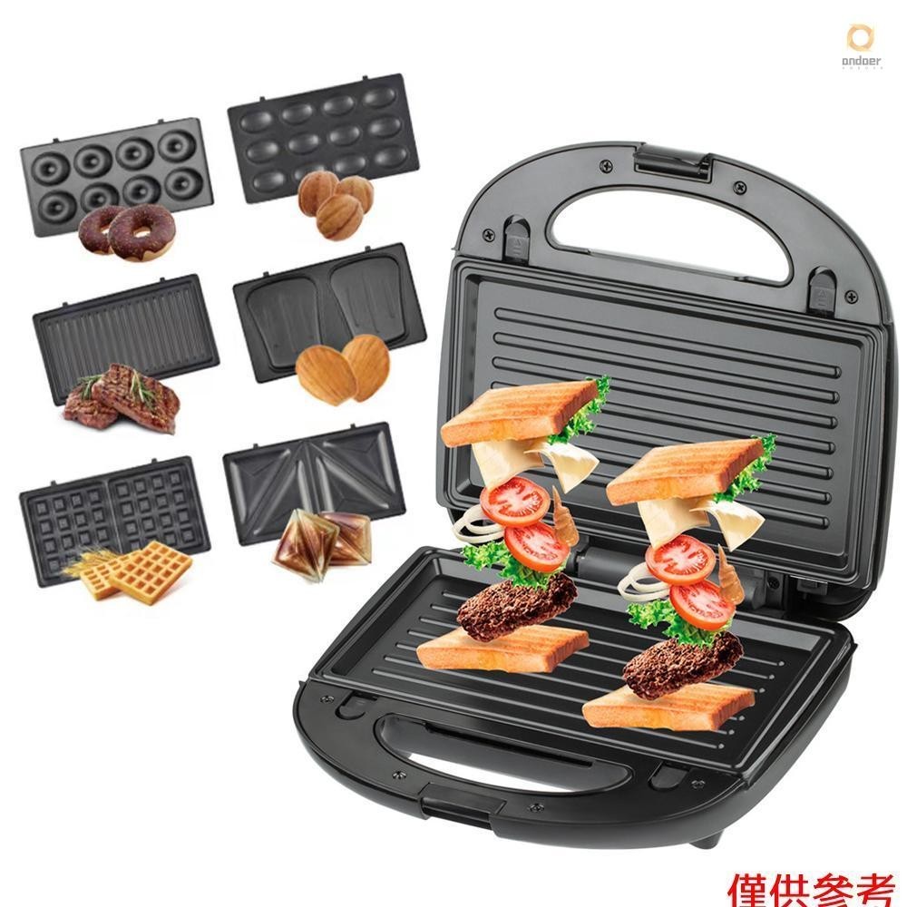 6 in 1 Electric Sandwich Maker Breakfast Machine with 6-set Removable Non-stick Plates Double-Sided Heating Waffle Maker Donut   Maker Panini Press Grill Breakfast Station