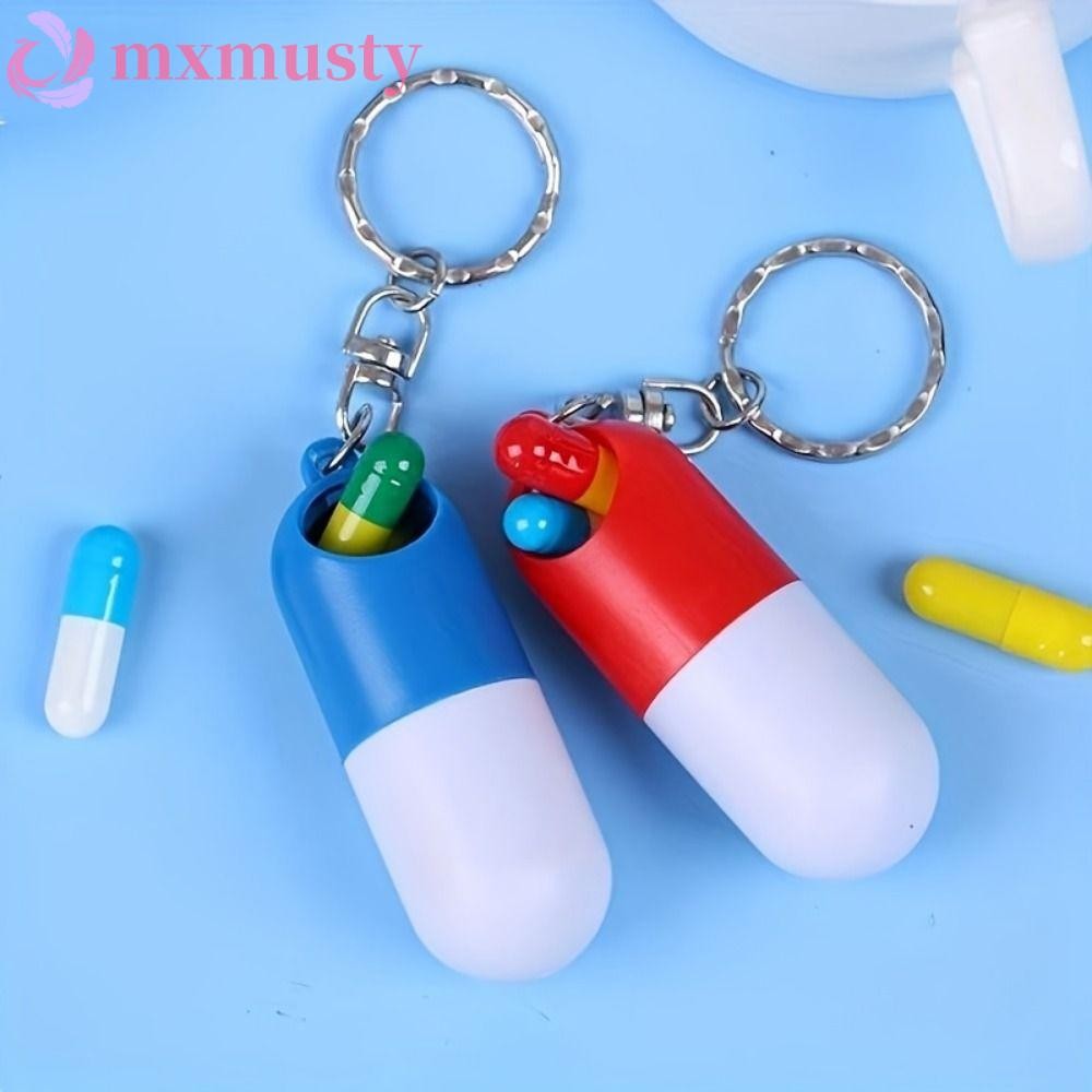 MXMUSTY Travel Pill Box, Key Chain Capsule Shaped Mini Capsule Medicine Box, Capsule Bottle Key Ring Portable Mini Plastic Drug Container Keychain Medicine Storage