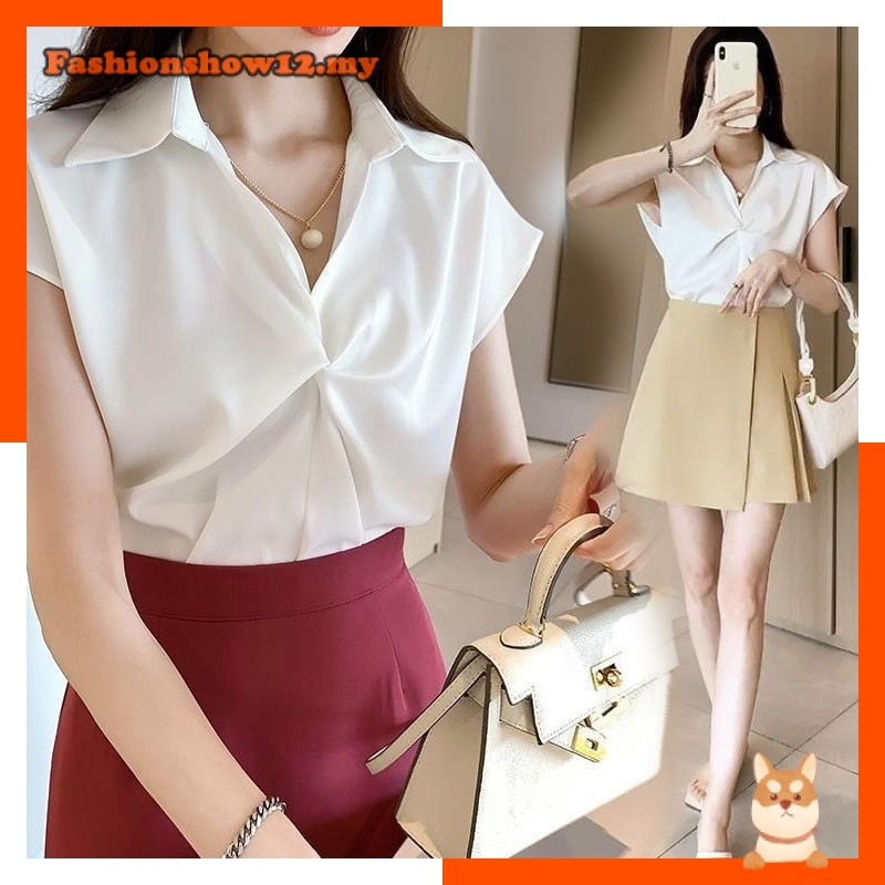 Chiffon Baggy Blouse Women Summer Pleated V Neck Short Sleeve Plus Size Loose Casual Ironless Ladies White Pink Yellow Orange Green Purple Shirt Woman Tops Baju Kemeja Putih Kuning Oren Hijau Slack Blaus Lengan Pendek Perempuan Wanita Terkini Murah
