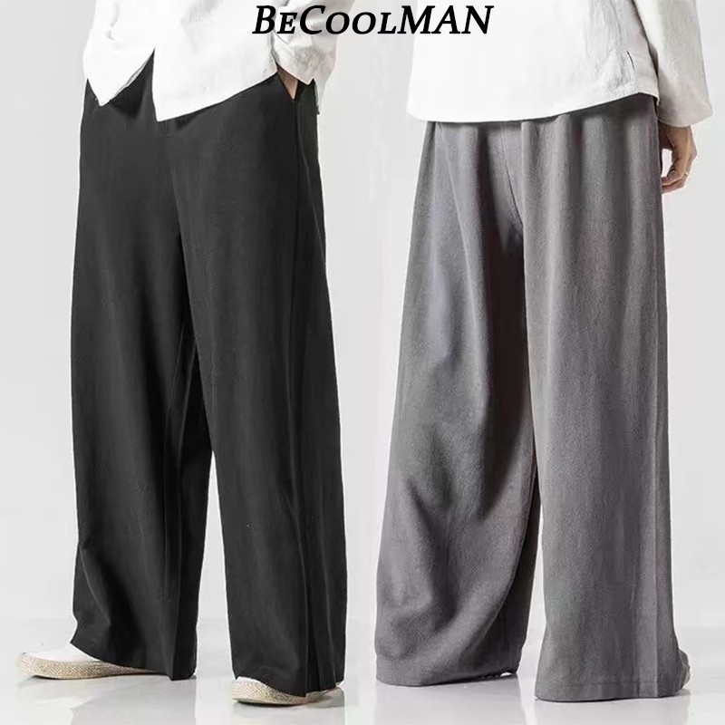 Dari Johor~BeCoolMAN seluar slack lelaki celana panjang Men's Loose Wide-Leg Pants black and grey Solid Color All-Match