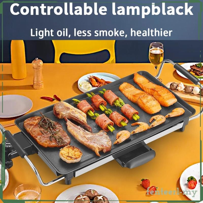 [Fenteer1efMY] Electric Grill BBQ Household Nonstick Stay Cool Handles Korean Party Indoor Flat Griddle Electric Skillet