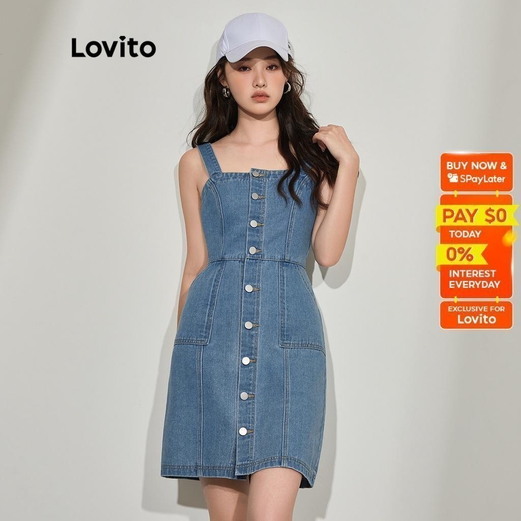 Lovito Casual Plain Pocket Button Square Neck Women Denim Dress L45AD066(Blue) Lovito Kasual Gaun Denim Wanita Leher Persegi Kancing Saku Polos L45AD066 (Biru)