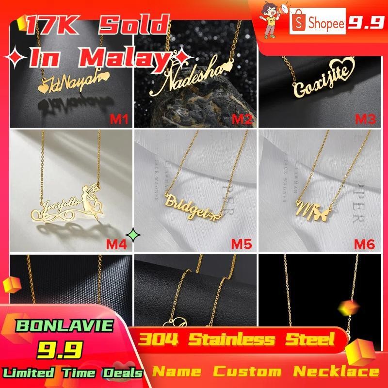 BONLAVIE【Name Custom Necklace】Personalized Iced Name Necklace Stainless Steel Charm Custom Name Jewelry Any Name 24 Font Style