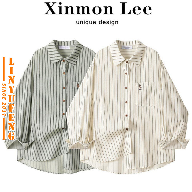 ?Linyufeng? Stripe Blouse Women Korean Style Long Sleeve Loose Classy Elegant Ironless Casual Ladies Flowy Shirt Top Baju ootd Kemeja Lengan Panjang Perempuan Wanita Terkini Murah Cantik