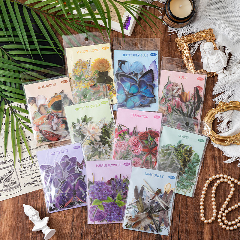 40 Pcs Vintage Plant and Flower Specimen Stickers Pack for Scrapbook Journals Decoration DIY Crafts, Plant Stickers Flower Insect Stickers
