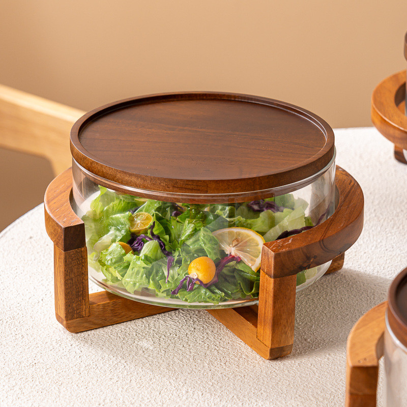 OMMO Baloo Bamboo Serving Bowl with Lid and Wooden Stand Glass Fruit Bowl