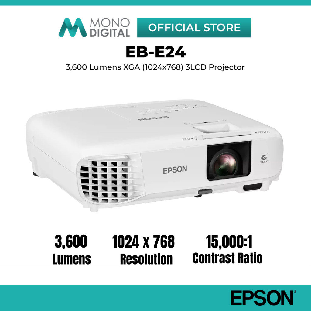 EPSON EB-E24, EB E24, E24 / EB-X06 3600 LUMENS PROJECTOR 3LCD XGA 1024x768, CONTRAST RATIO: 15000:1,