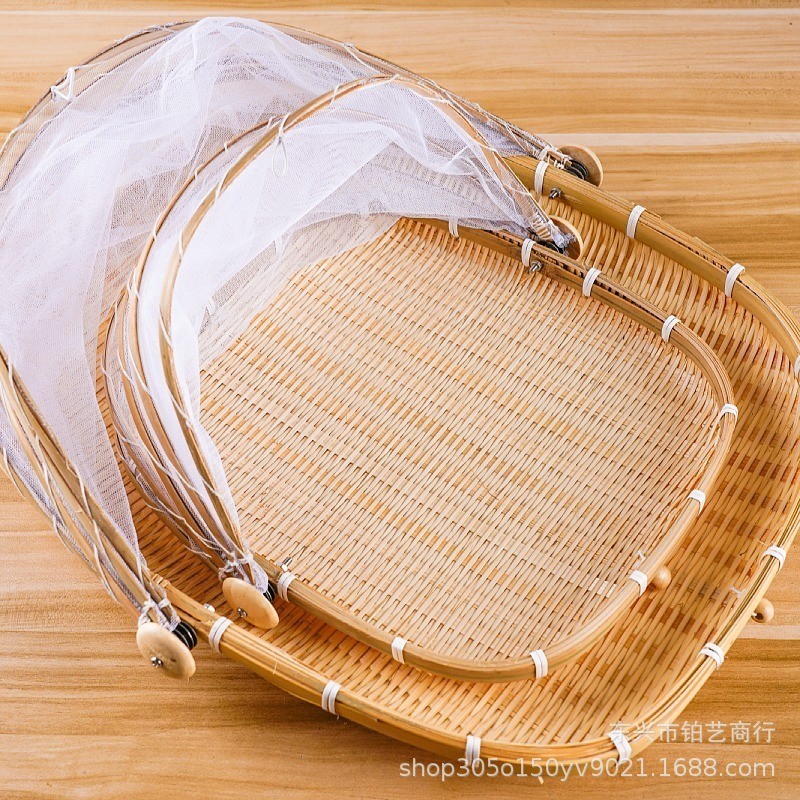 Dustpan Drying Bamboo Basket Fly-Proof Farm Products8.15Bamboo Plaque Household Bamboo Woven Storage Basket Fruit Steamed Bread Basket with Mesh Cover