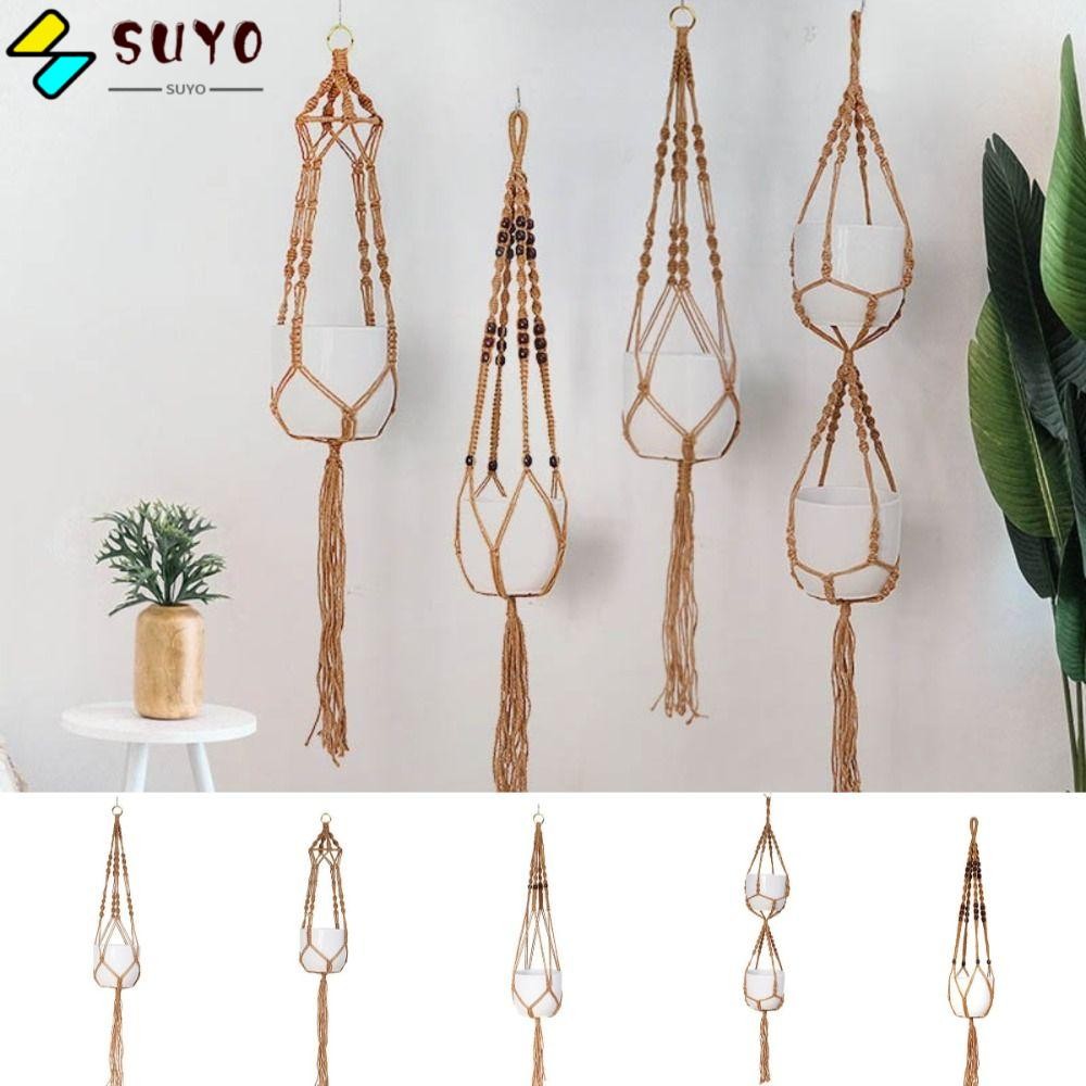 SUYO Hanging Planter, Hemp Rope Handmade Hanging Flowerpot Basket, Gift Knotted Lifting Rope Horticultural Home Garden Supplies Balcony Flowerpot Mesh Bag