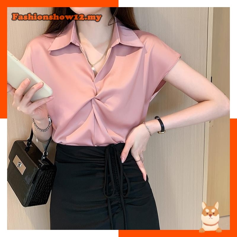 Chiffon Baggy Blouse Women Summer Pleated V Neck Short Sleeve Plus Size Loose Casual Ironless Ladies White Pink Yellow Orange Green Purple Shirt Woman Tops Baju Kemeja Putih Kuning Oren Hijau Slack Blaus Lengan Pendek Perempuan Wanita Terkini Murah
