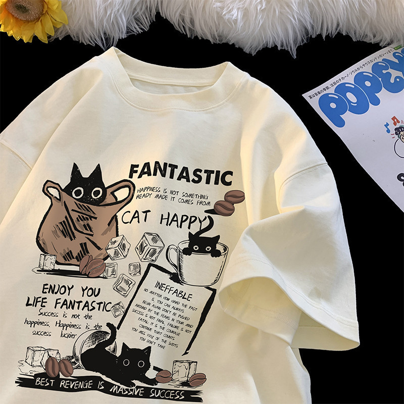 【Plus Size M-8XL】New Men T Shirt Pullover Oversize Korean version Cartoon Cat Group Printed T-Shirt Casual Short Sleeve baju lelaki oversize style Men And Women Couples T-Shirt