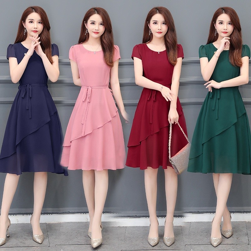 Ready Stock Women Short Sleeve Dress Solid Color Tie Waist Pleated Casual Midi Dress M-4XL for Women