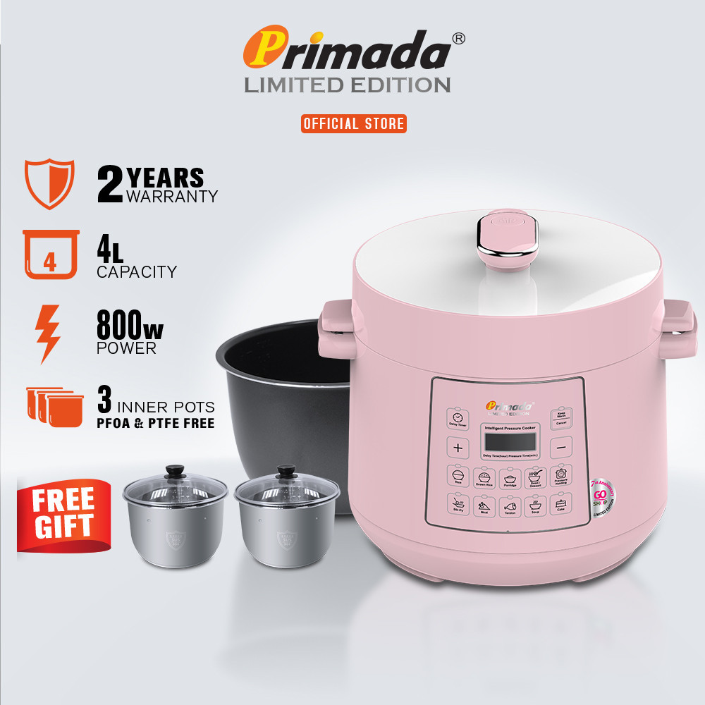 Primada LIMITED EDITION 4 Liter Triple Pots Pressure Cooker MPC4000 Light Pink (1 NON STICK POT+FREE 2 S.STEEL POT)