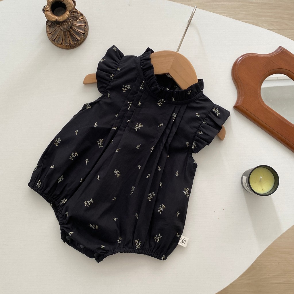 Raya Outfit INS Summer Newborn Girl Exquisite Retro Flower Pattern Black Soft Breathable Short Sleeved Romper Baby Clothes 0-24 Months