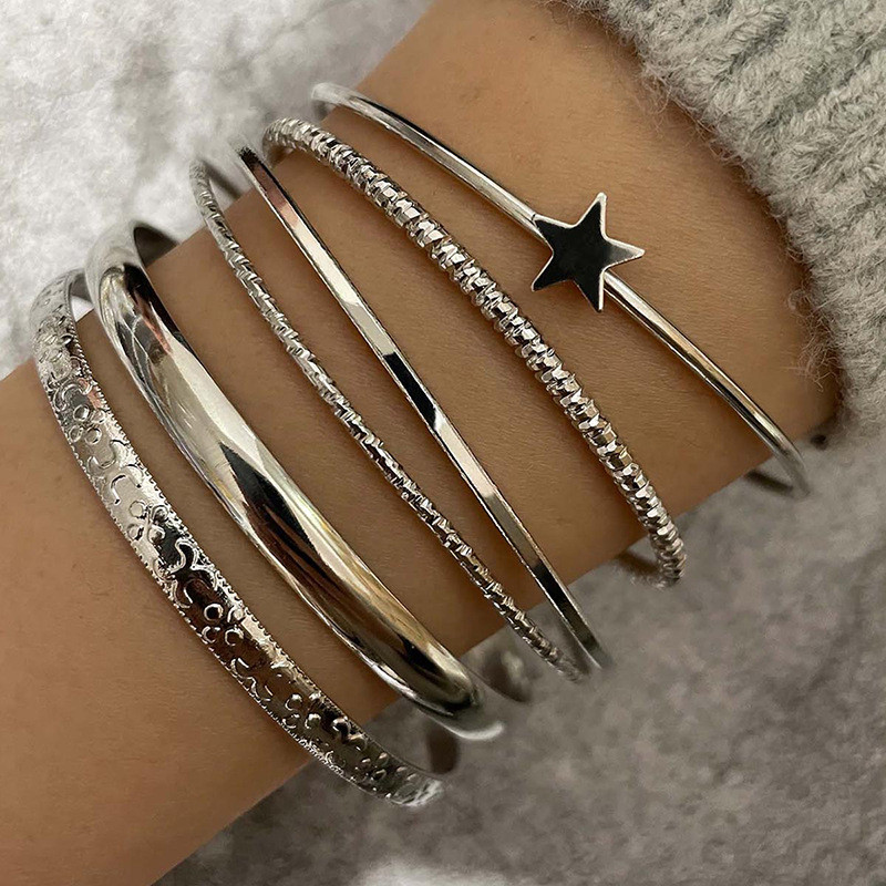 Vintage Minimalist Silver Bracelet Set - Adjustable Metal Star Open Bangle - Eco-Friendly Material