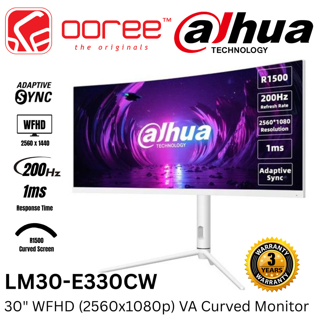 DAHUA 30" LM30-E330CA / LM30-E330CW WFHD (2560x1080 @200HZ) VA CURVED LCD GAMING MONITOR (1MS, INPUT
