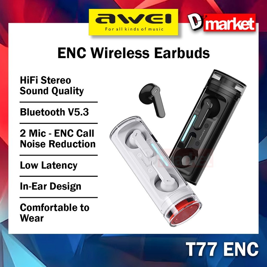 Awei T77 ENC Wireless Earbuds Dual Mic Noise Reduction Headphone In-Ear Earphone Sport Awei Bluetooth Earbuds