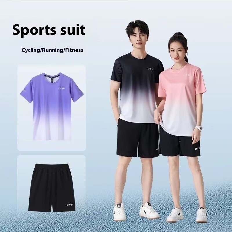 [4 Colors] 2026 Unisex Quick Dry Sports Set Ice Silk Dri-Fit Gradient Printed T-Shirt & Shorts Matching Outfit baju sukan lelaki M-5XL Plus Size