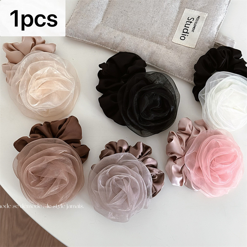 Summer Korean Version Rose Flower Scrunchy Hair Ring Head Rope Gauze Temperament All-Match Hair Accessories Women