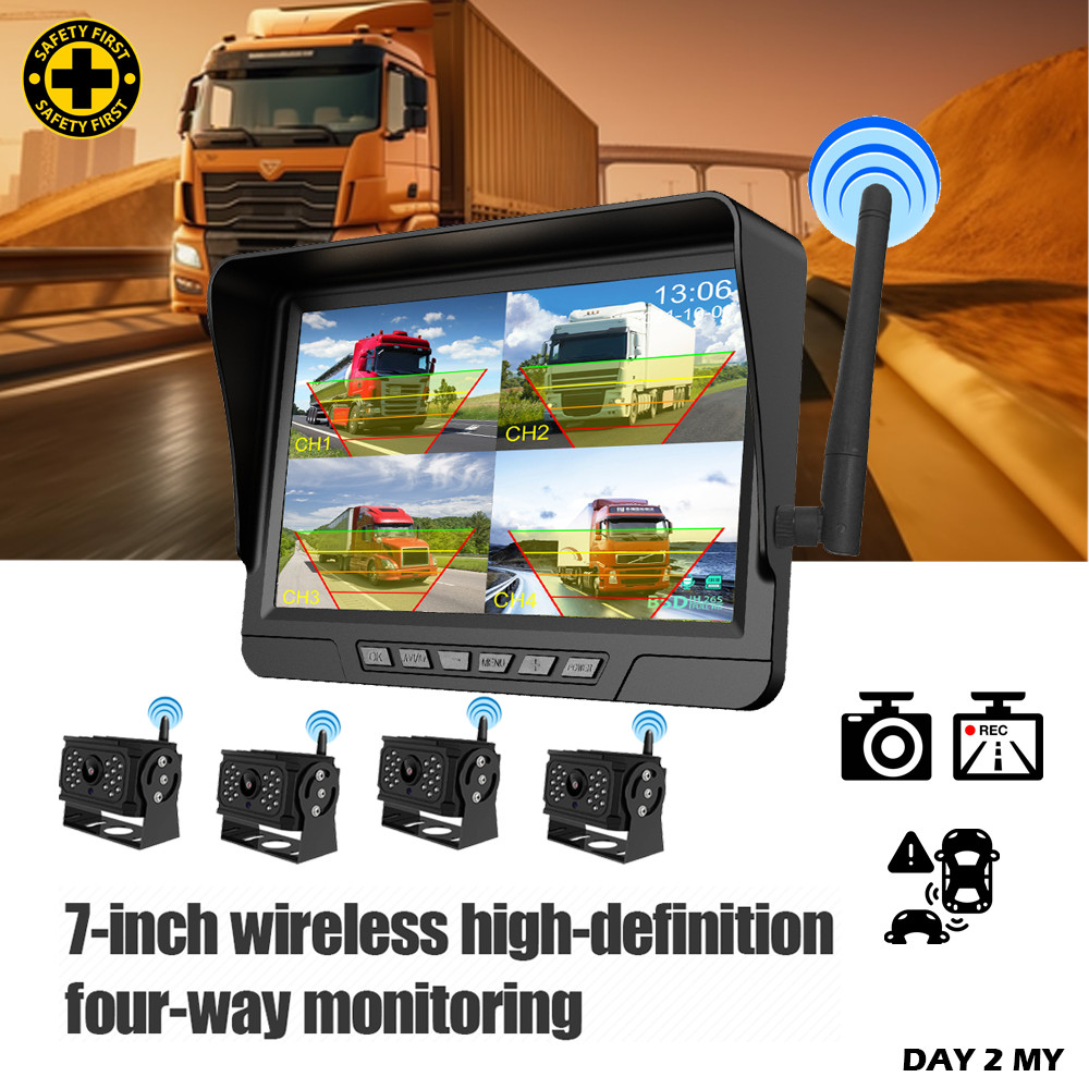 7 Inch Monitor 4-Channel Truck DVR Dashcam Wireless Lorry Bus Van Blind Spot Detection System AHD IR Reverse Camera