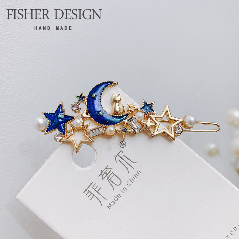 Beautiful Fantasy Starry Sky Hair Clip Cute Female Cat Pearl Diamond Hairpin Star Moon Metal Buckle Clip Bangs Clip Fairy Hair Accessories