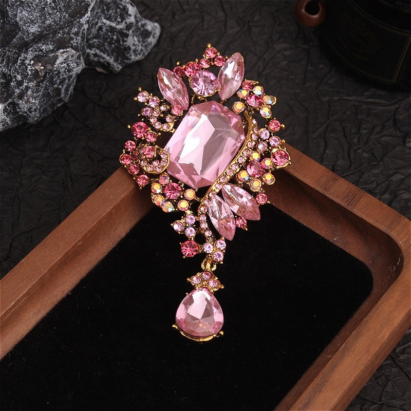 Gold - Tone Brooch with Large Pink Crystals & Multi - Color Rhinestones, Vintage - Royal Style Pin for Gown/Coat Decoration