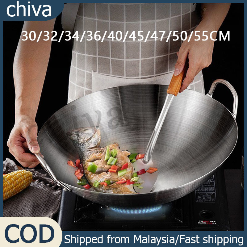 Stainless Steel Wok Double Ears 30-55Cm Double-handled Non-stick Kitchen Cooking Pot Kuali Keluli Tahan Karat