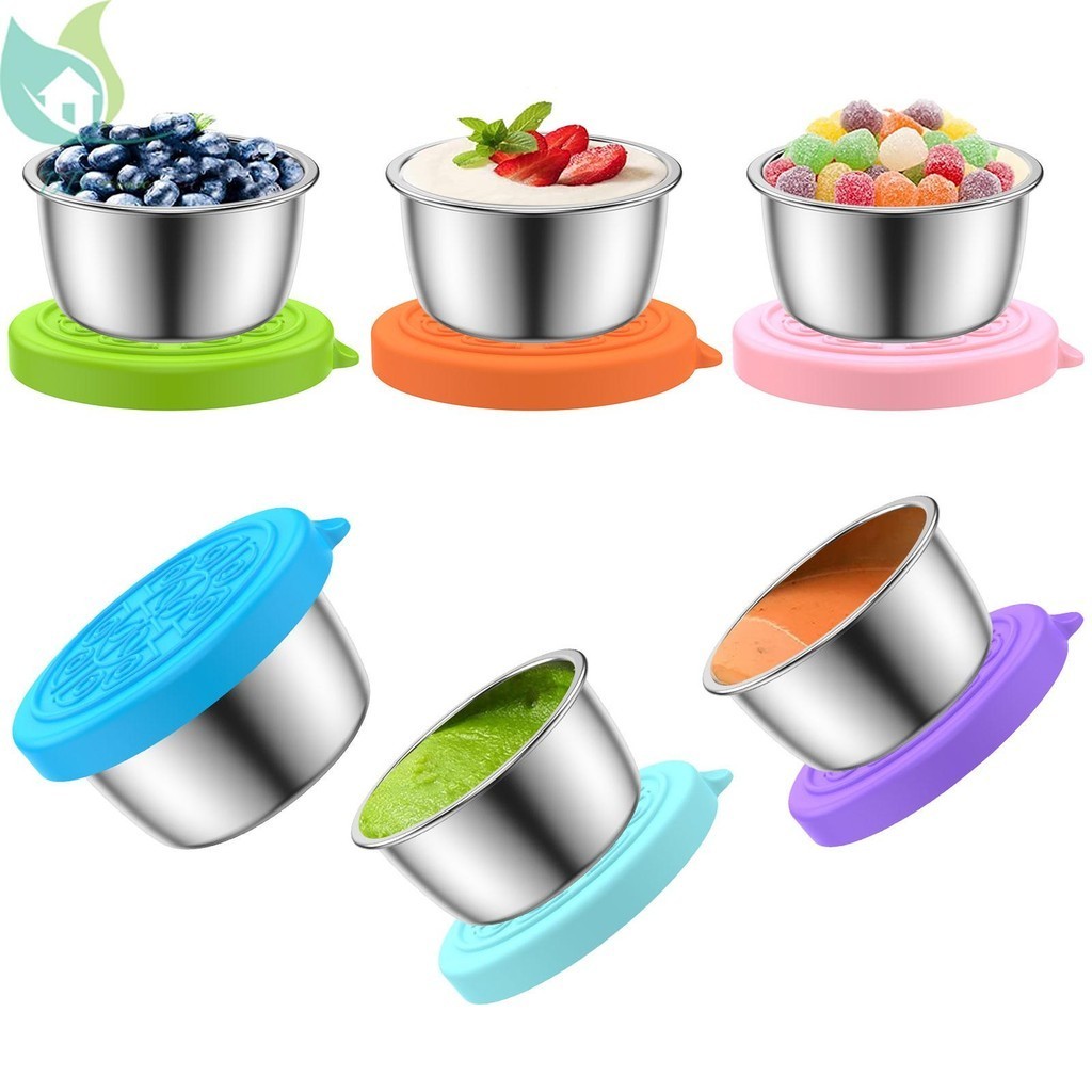 6 Pcs Salad Dressing Containers 1.5oz Mini Stainless Steel Food Storage Container Small Condiment Containers Include Silicone Lids Dishwasher Safe Dipping Sauce Cups SHOPQJC9352