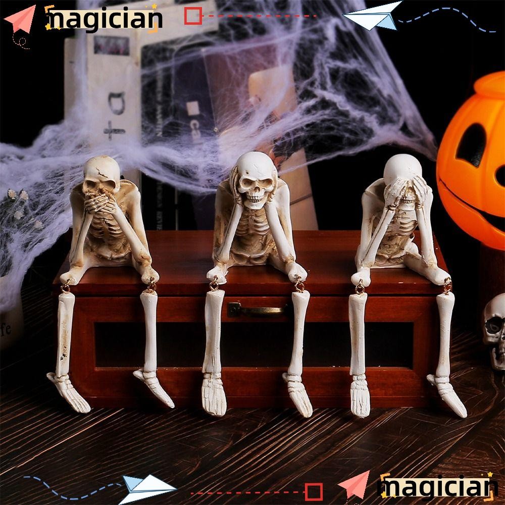 MAGIC Halloween Human Skeleton, White Resin Hanging Leg Skeleton, Creative Don't Look Don't Listen Don't Say Haunted House Decoration Moveable Leg Bone Bone Model Halloween