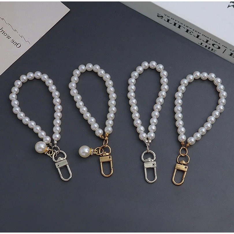 Vintage Faux Pearl Beaded Keychains Anti-loss Phone Lanyards Keyring Women Girls Handbag Pendant Gifts