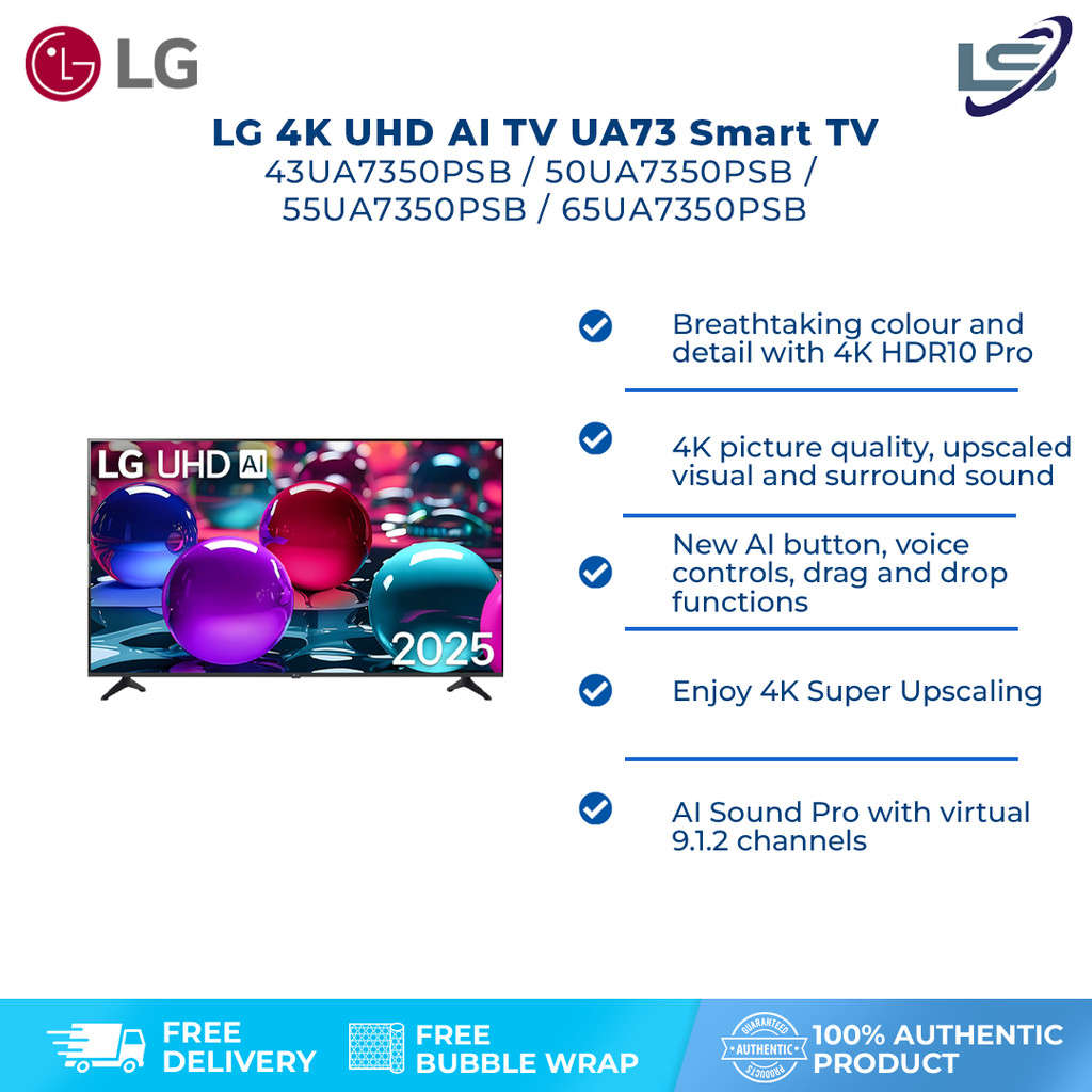 LG 65" 4K UHD AI Smart TV with Magic Remote 65UA7350PSB UA73 LED Televisyen 电视机