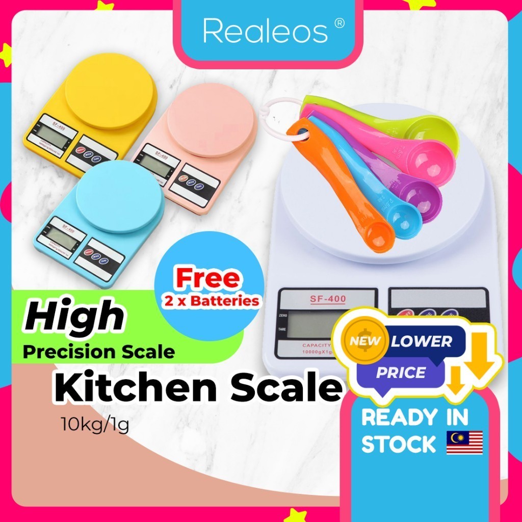 10Kg / 1g Realeos Electronic Digital Kitchen Scale Penimbang Kek SF-400 5pcs Measuring Spoon Baking Cooking R289