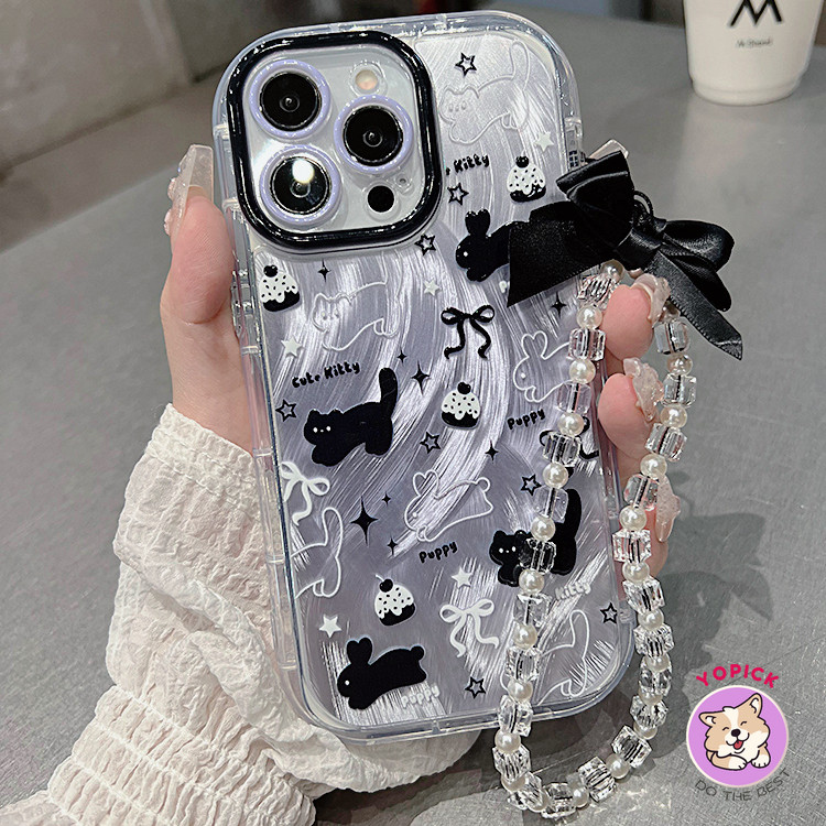 Dessert Black Cat Rabbit Cute phone case For iPhone 11 12 13Pro Max 14Plus XR XS Max 7 8 Plus SE2020 Cartoon Phone Cover For IPhone 15Pro Max Rope Chain Silicone Girl Friend NYS