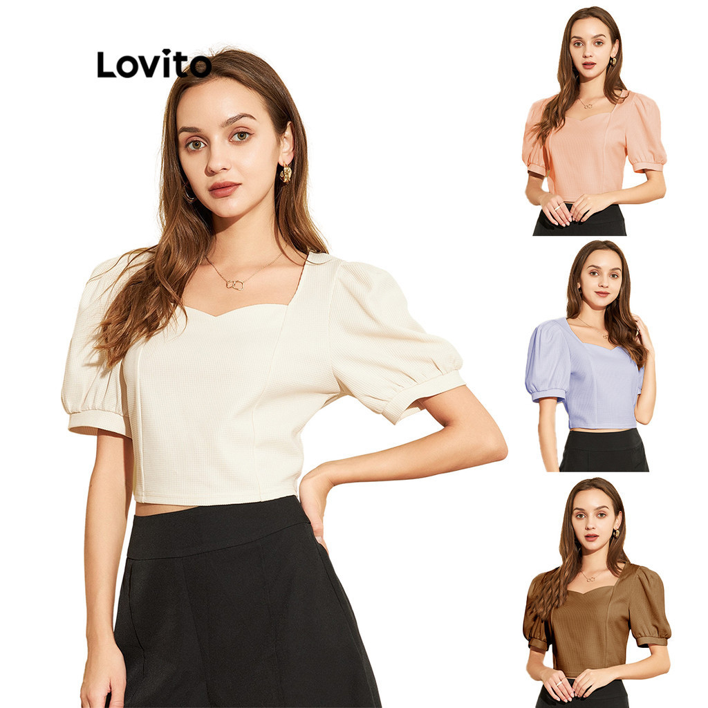 (Multi-colors)Lovito Plus Size Elegant Plain Square Neck Puff Sleeve Textured Women T-Shirt L25ED068 (Apricot/Blue/Pink/Brown)