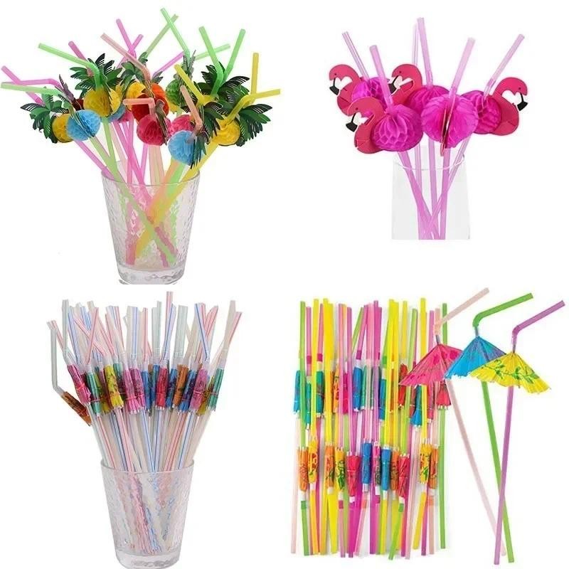 50pcs Flamingo Drinking Straws Tropical Umbrellas Pineapple Juice Cocktail Disposable Juice Straws Hawaii Party Decoration