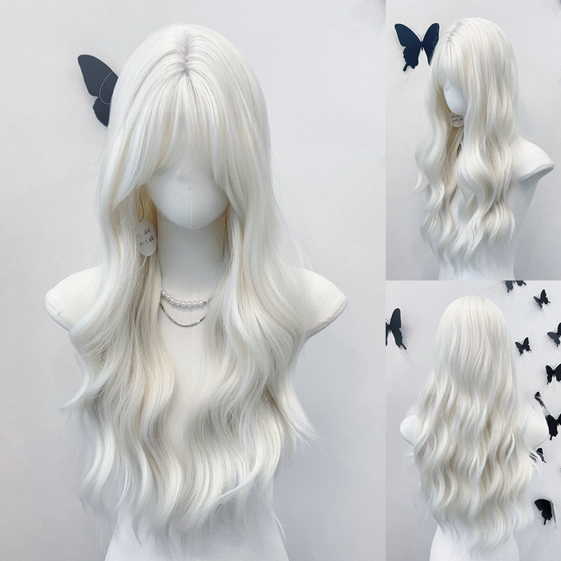 White Lolita 65cm Long Curly Wig with Bangs Big Curly Hair Wig Synthetic Cosplay Wig for Women Men Halloween Party Wear Heat Resistant