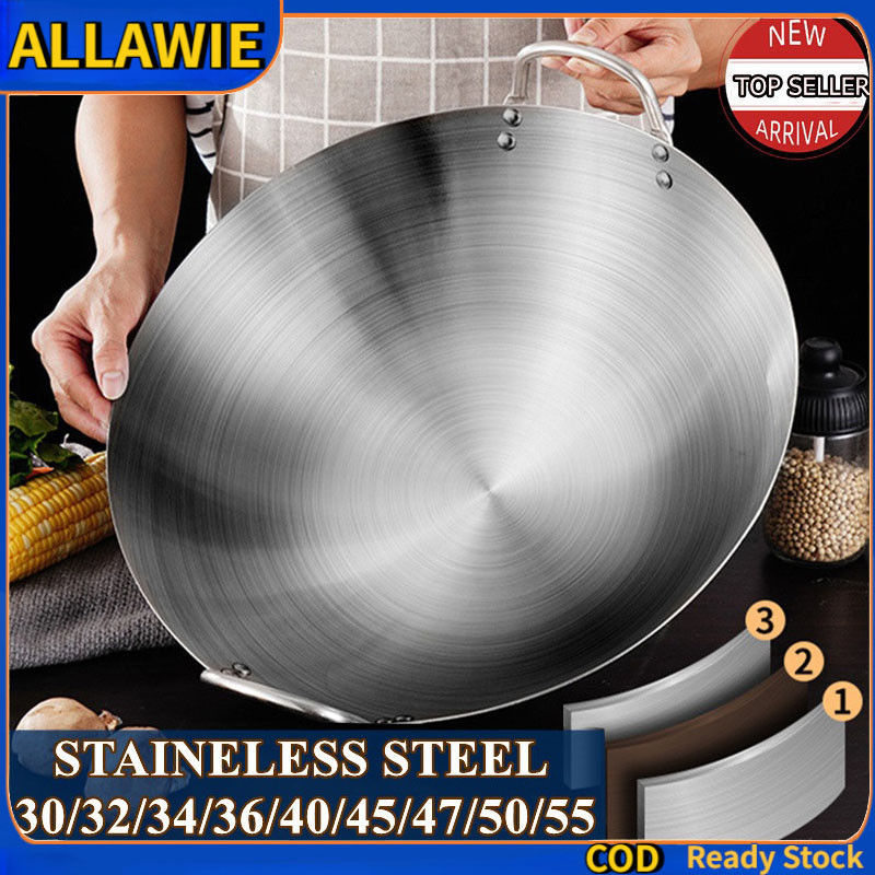 30-55Cm Stainless Steel Double-handled Wok Non-stick Double-handled Frying Pan Stir-fry Pan 不锈钢双耳大炒锅