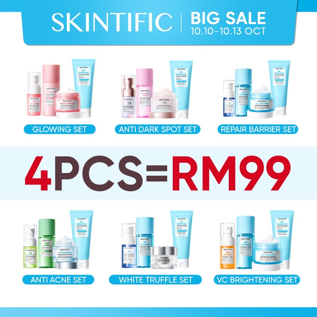 Skintific Skincare 4pcs Package Set With Serum Low pH Cleanser Barrier Repair Moisture Gel Daily Toner Dark Spot Acne Scar