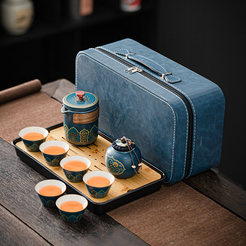 Taii Vintage Ceramic Guyun Luanjin Travel Tea Set Outdoor Portable Tea Set Company Business Gift复古陶瓷古韵銮金旅行茶具户外便携茶具套装