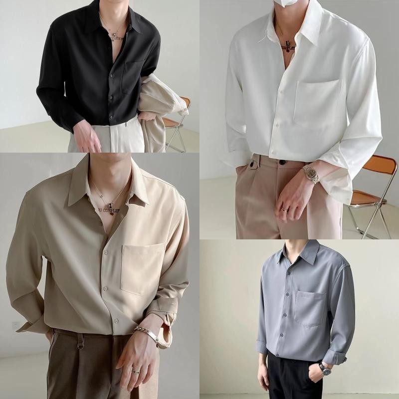 Korean Men's Fashion Long Sleeve Shirt Plain Lapel Shirt Men's Versatile Casual Shirt Tops