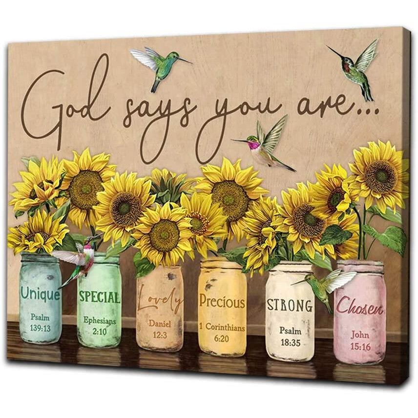 Rustic Canvas Wall Art Sunflowers and Hummingbird Art Prints God Says Quotes Poster Country Style Wall Decor Wood Framed Home Decor Floral Theme Pictu