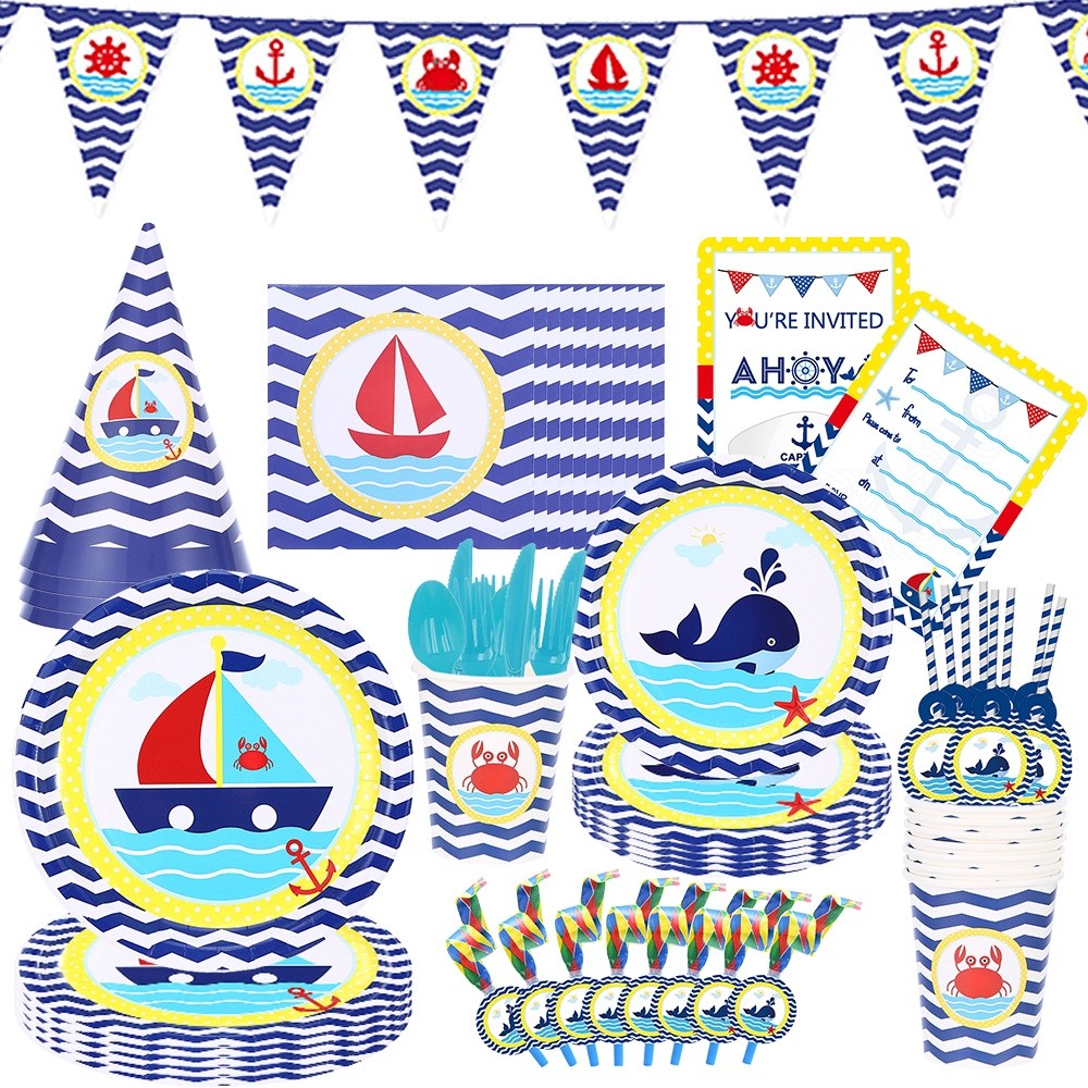 Blue Boat Nautical Theme Birthday Party Decoration Set Baby Disposable Tableware Paper Cup Gift Box Supplies Children Party Favor Party Venue Layout Props Paper Supplies