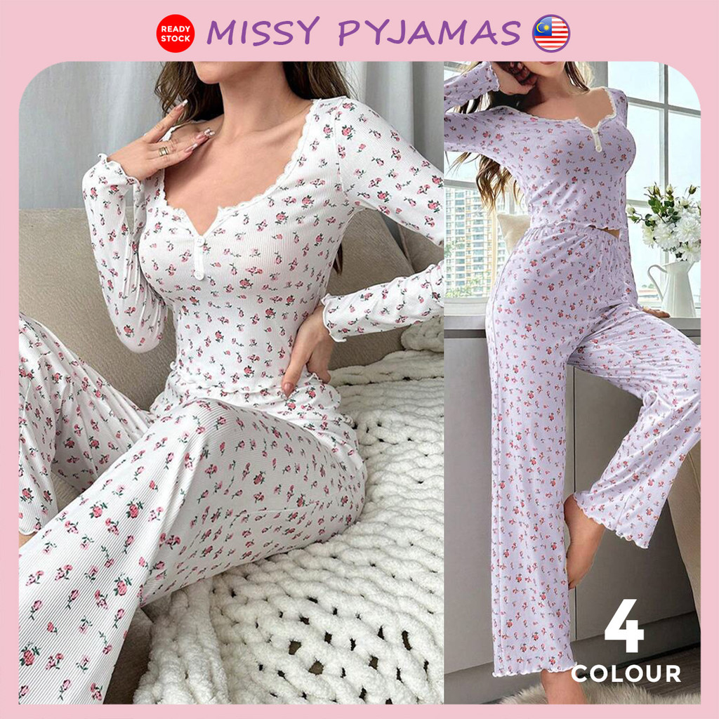 Missy Pyjamas Floral Cotton Long Sleeve Pyjamas Set Women Sleepwear Baju Tidur Comfy Korea Style Homewear PJ047