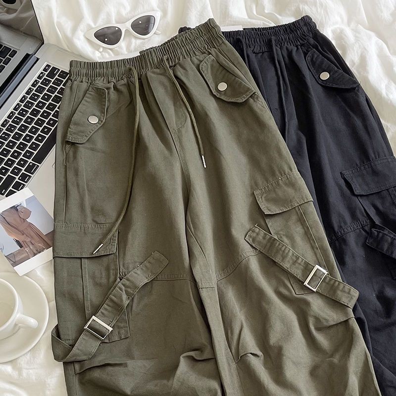 日系工装裤女大码女装2025新高腰显瘦直筒裤子女Wide Leg Pants Loose Long Cargo Pants Women Pants Many Pockets