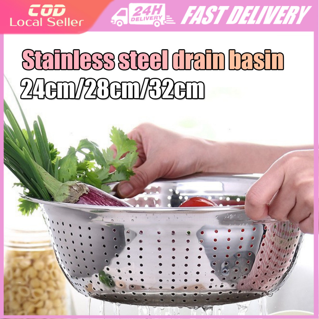 Stainless Steel Rice Strainer Bowl Colander Slotted Drain Basin Wash Vegetable Fruit Sieve Skimmer Basket Bakul Penapis