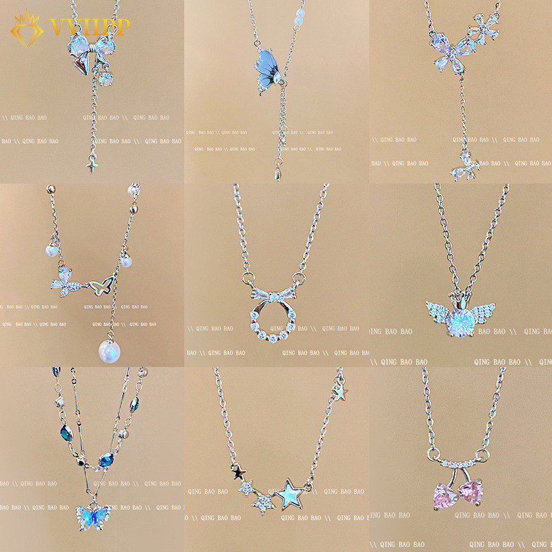 Simple Zircon Butterfly Tassel Necklace for Women Crystal Chain Choker Jewelry Accessories