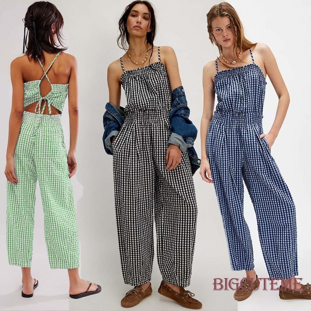 Women's Plaid Gingham Jumpsuit - Spaghetti Strap, Wide Leg, Smocked Overalls | Summer Wear