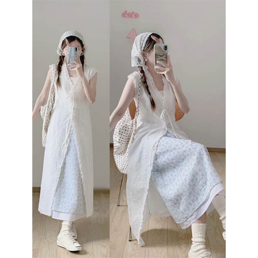 Suit Women Summer Korean Gentle Wind Wooden Ear Bow Tie Dress+Layered Floral Skirt Two Piece Set